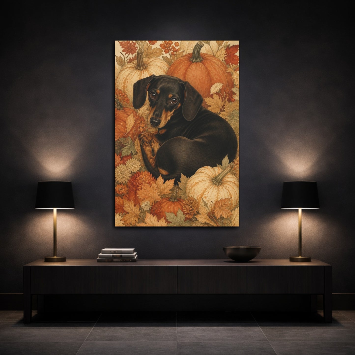 Mockup 3. Autumn Pet Dachshund shown as canvas print