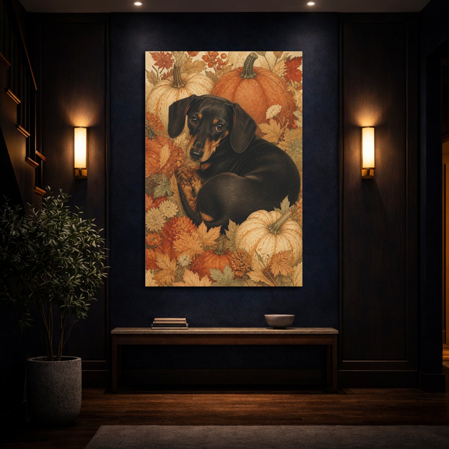 Mockup 4. Autumn Pet Dachshund shown as canvas print