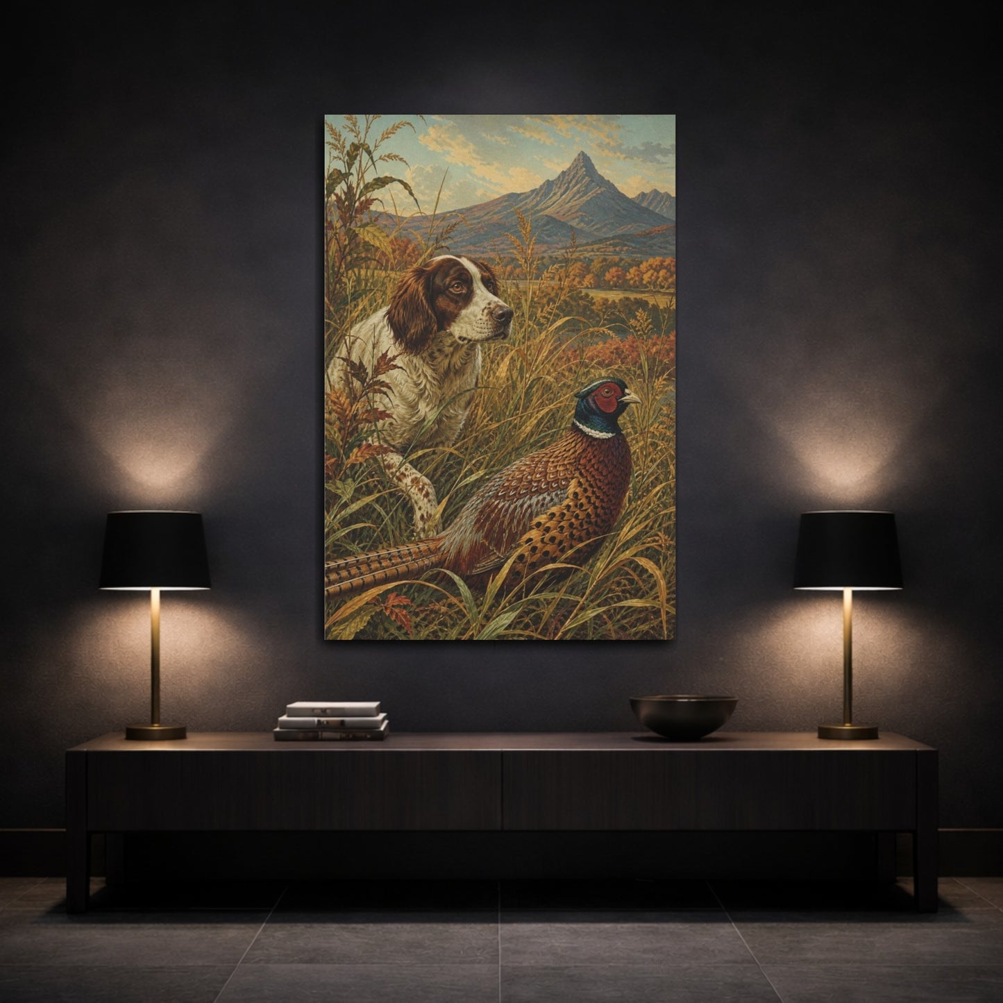 Mockup 3. Autumn Pheasant & Spaniel shown as canvas print