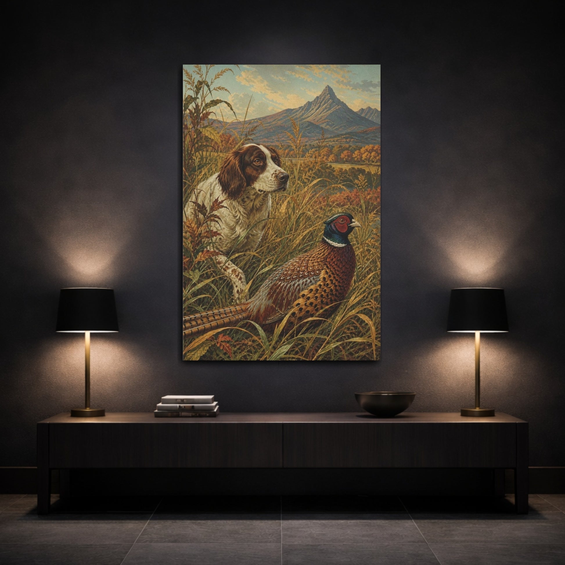 Mockup 3. Autumn Pheasant & Spaniel shown as canvas print