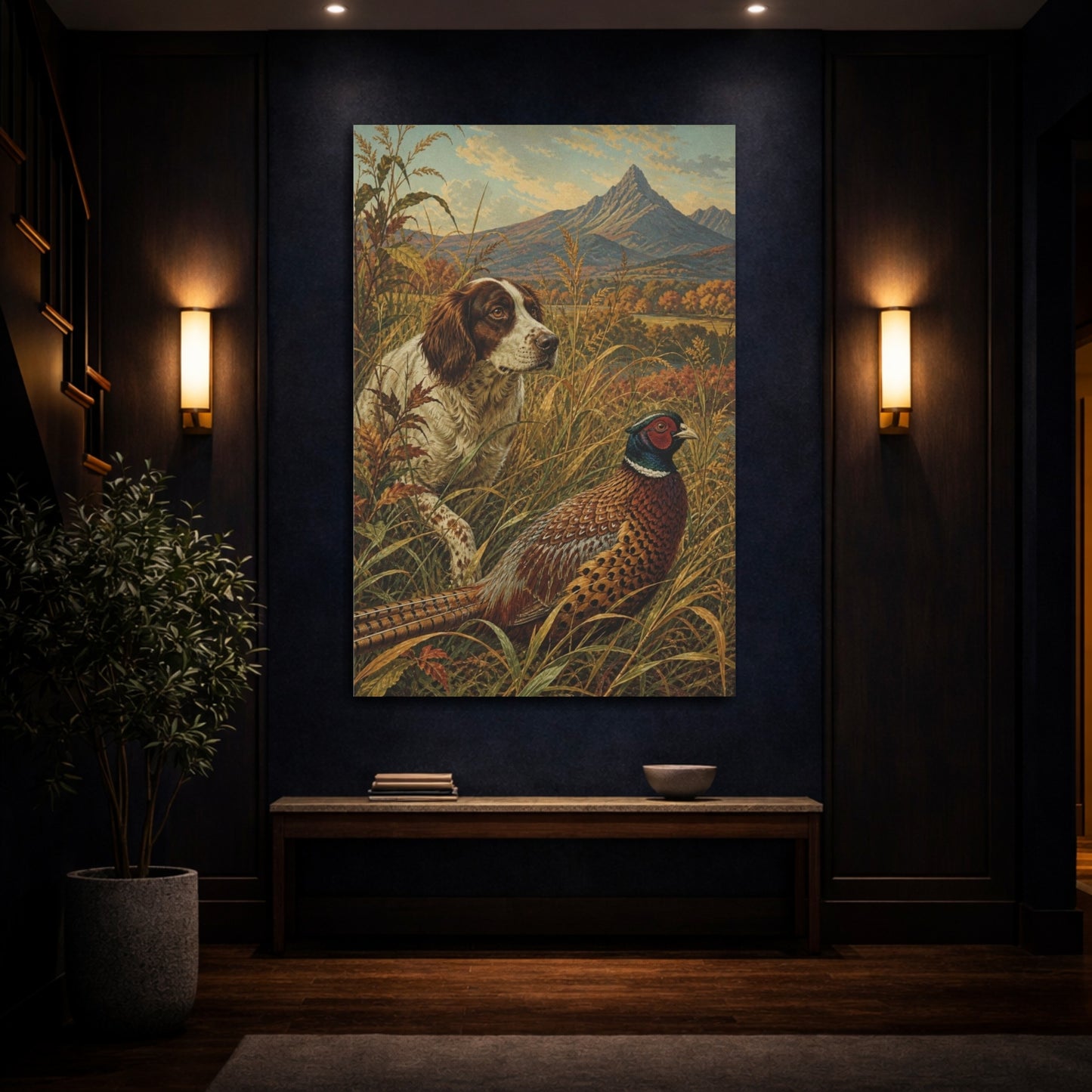 Mockup 4. Autumn Pheasant & Spaniel shown as canvas print