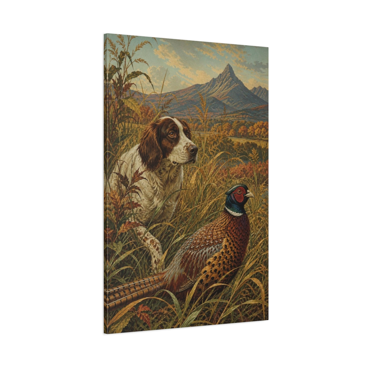 Side Mockup 1. Autumn Pheasant & Spaniel shown as canvas print