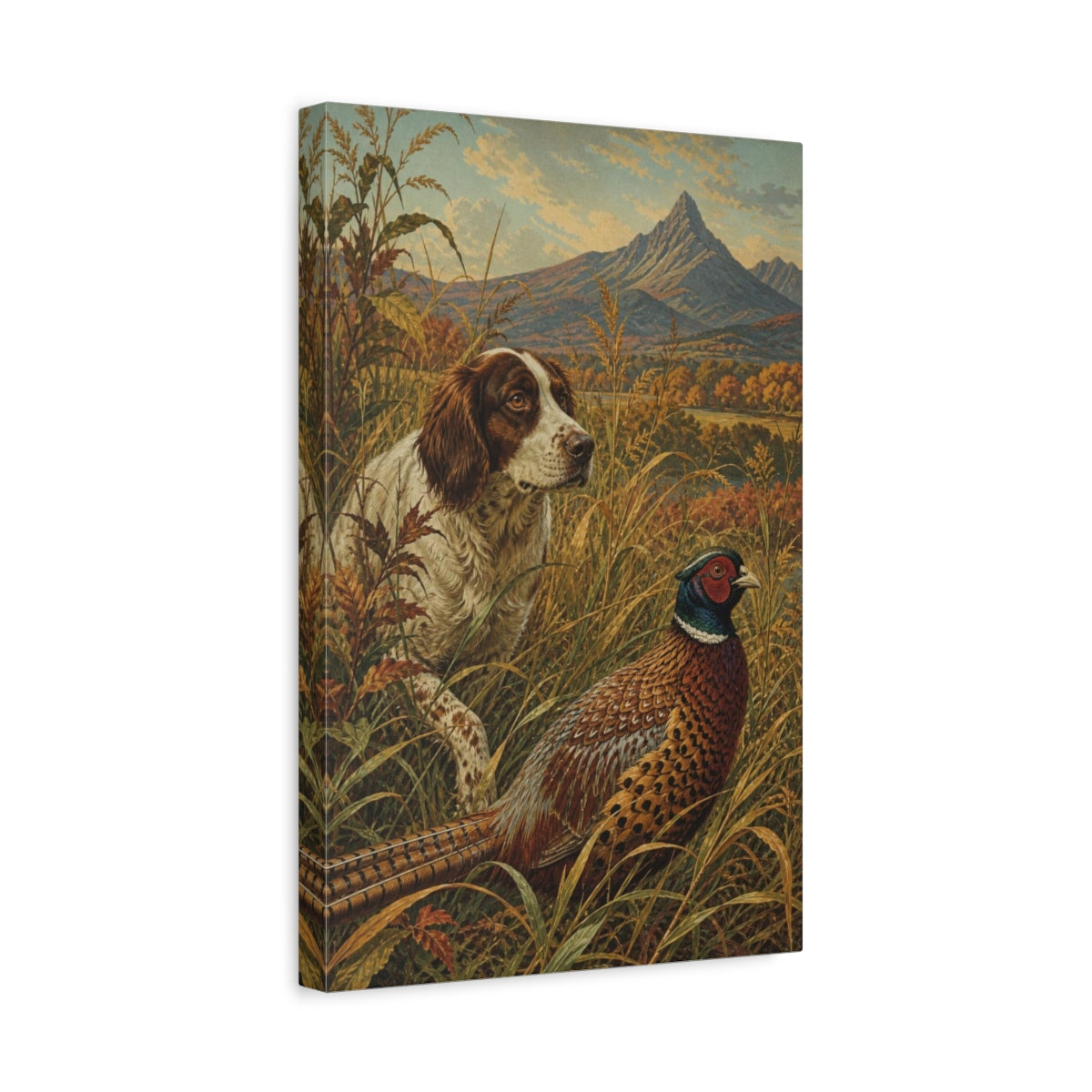 Side Mockup 4. Autumn Pheasant & Spaniel shown as canvas print