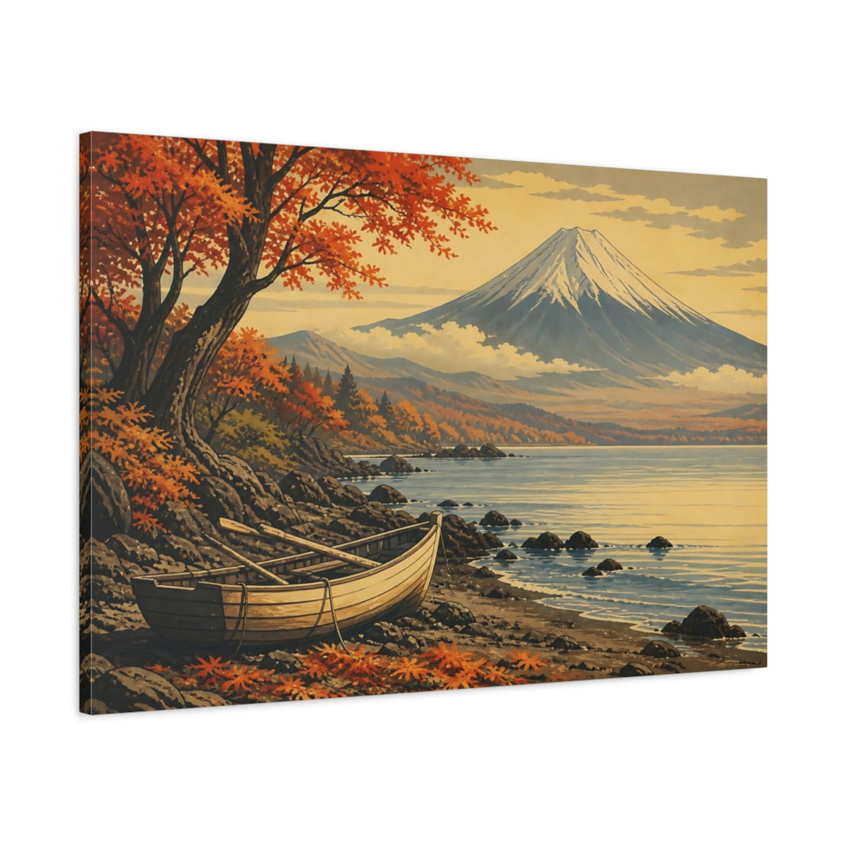 Main Mockup. Autumn Shore With Boat shown as canvas print