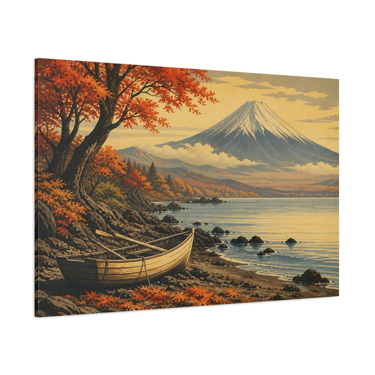 Side Mockup 1. Autumn Shore With Boat shown as canvas print