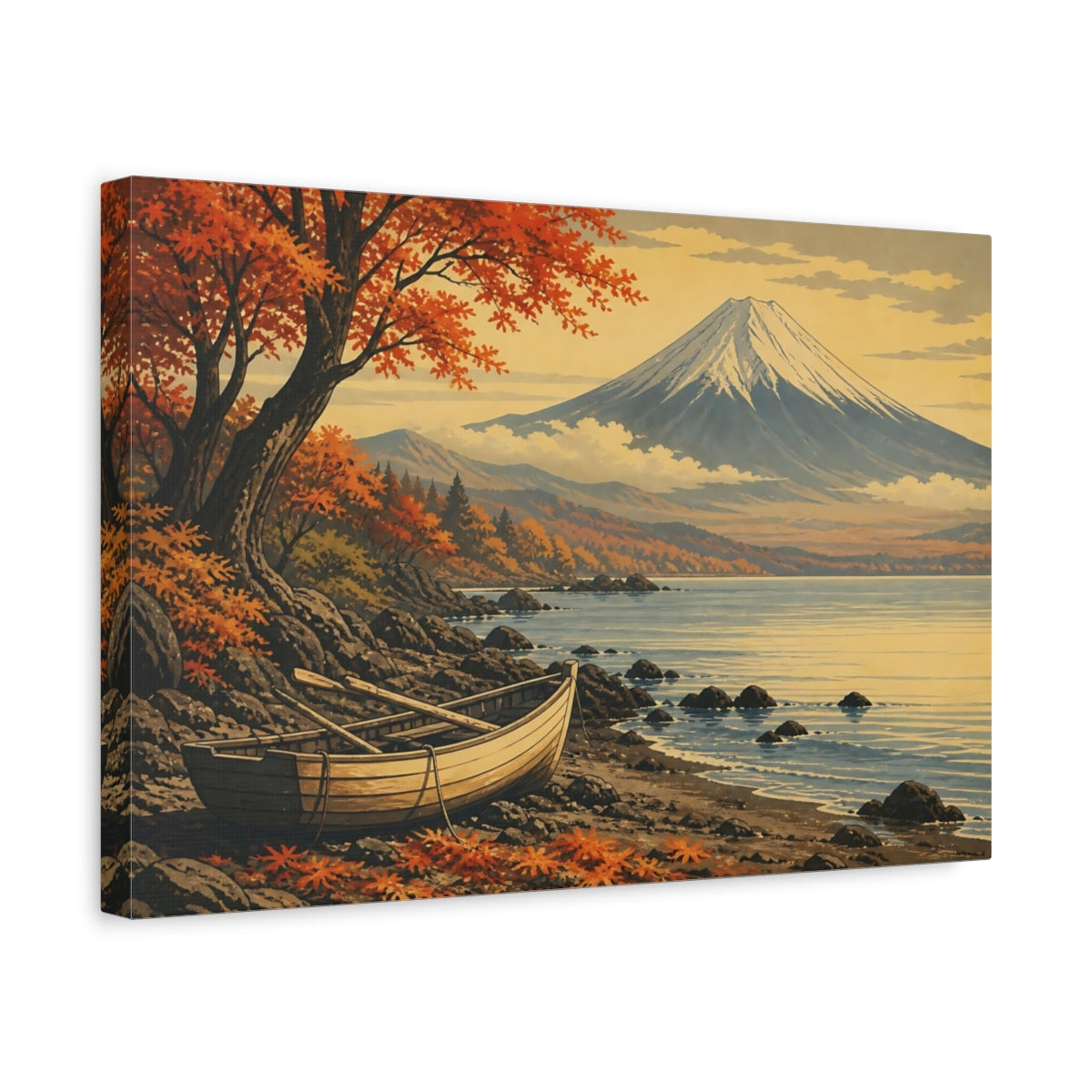 Side Mockup 4. Autumn Shore With Boat shown as canvas print