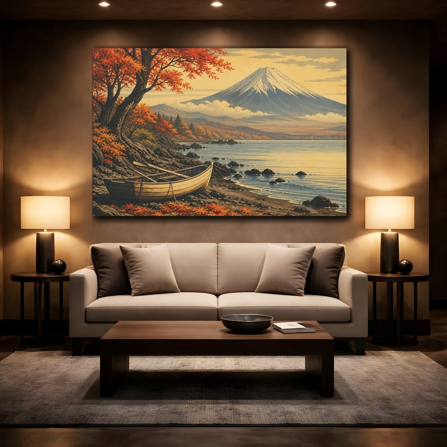 Mockup 2. Autumn Shore With Boat shown as canvas print