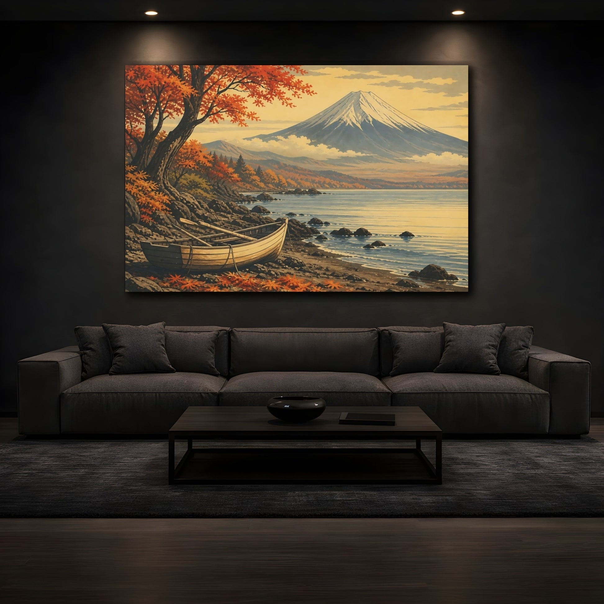 Mockup 3. Autumn Shore With Boat shown as canvas print