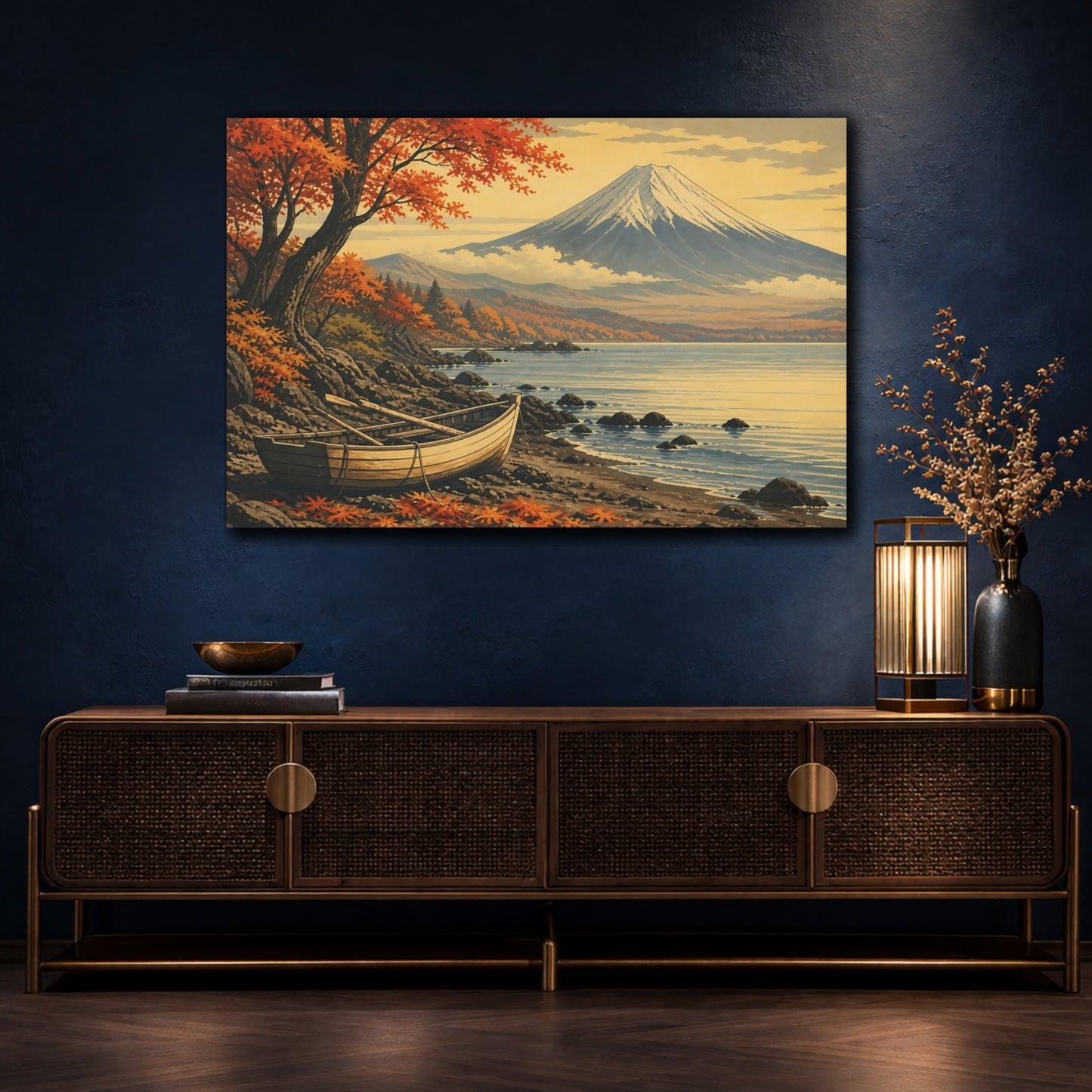 Mockup 4. Autumn Shore With Boat shown as canvas print