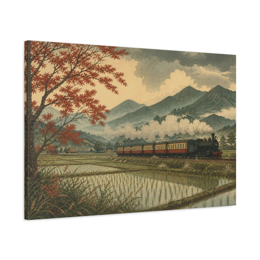 Main Mockup. Autumn Steam Through Rice Fields shown as canvas print