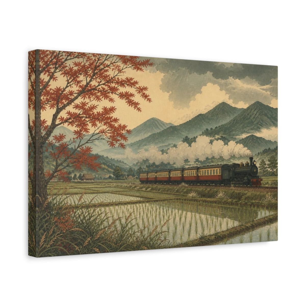 Side Mockup 4. Autumn Steam Through Rice Fields shown as canvas print
