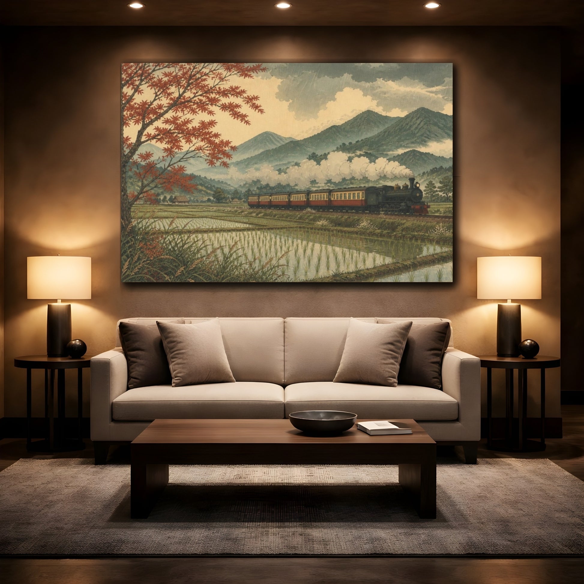 Mockup 2. Autumn Steam Through Rice Fields shown as canvas print