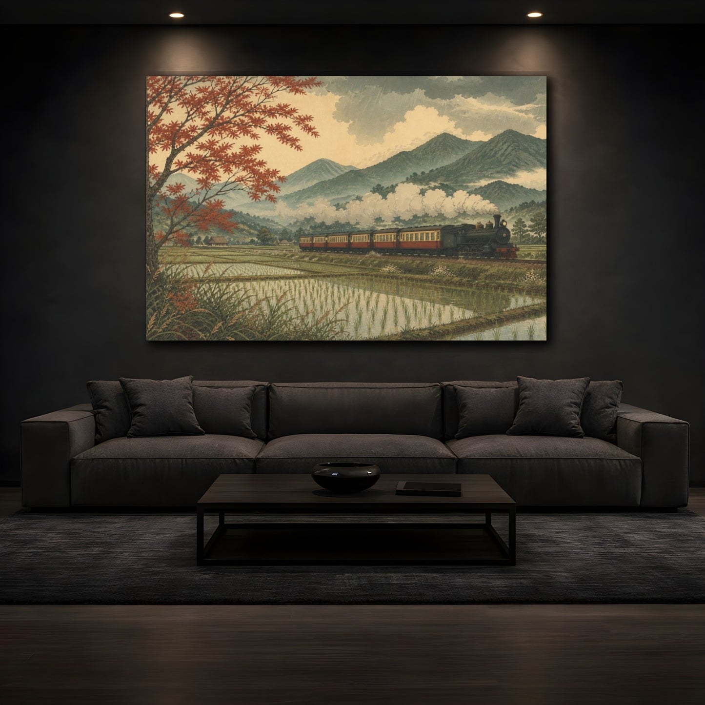 Mockup 3. Autumn Steam Through Rice Fields shown as canvas print