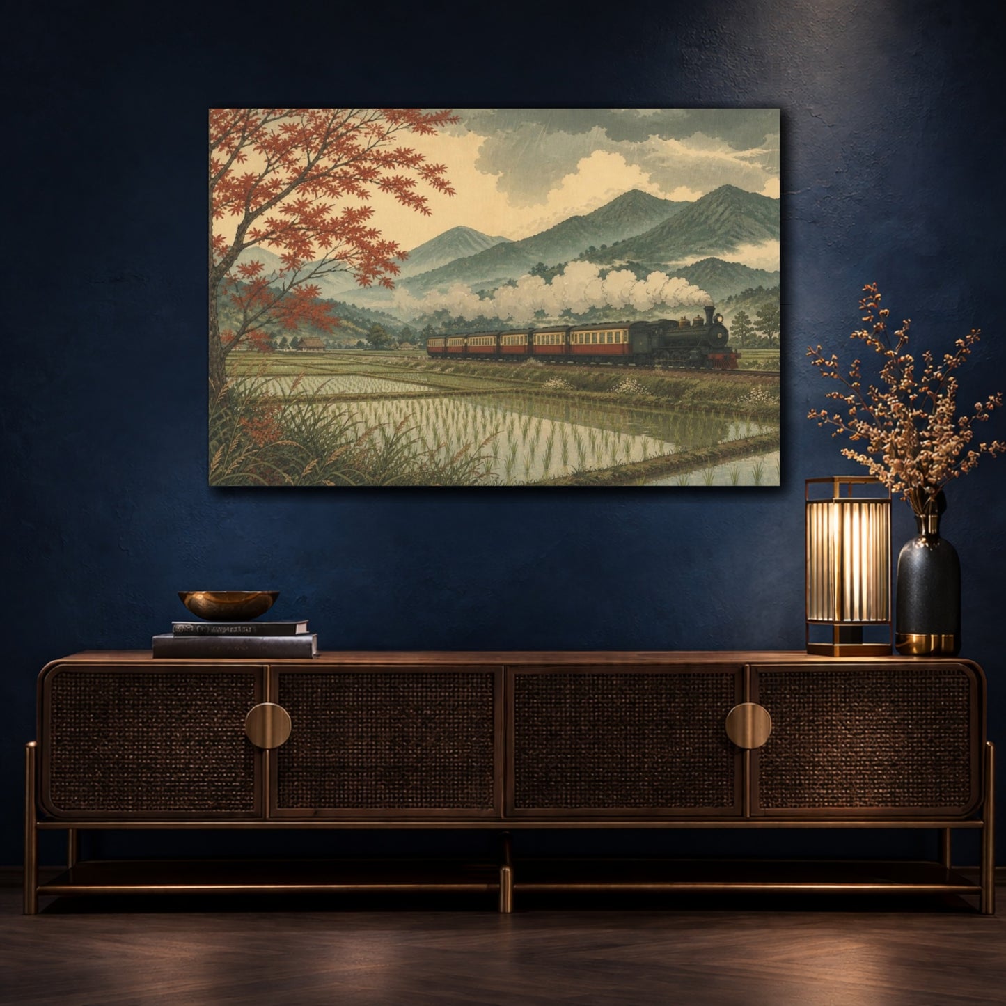 Mockup 4. Autumn Steam Through Rice Fields shown as canvas print