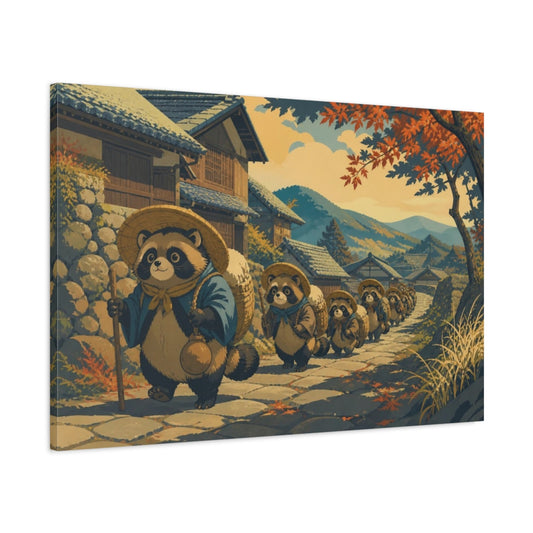 Main Mockup. Autumn Tanuki Procession shown as canvas print