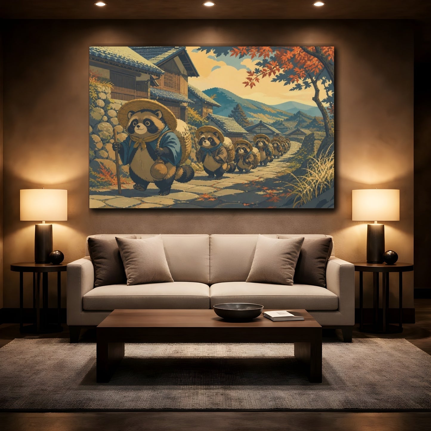 Mockup 2. Autumn Tanuki Procession shown as canvas print