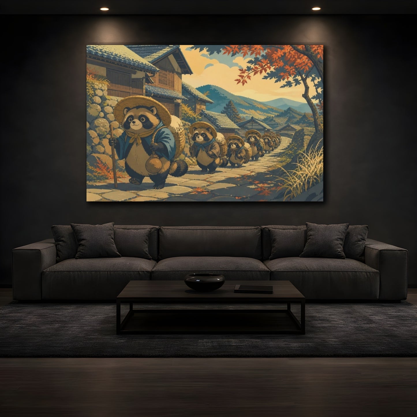 Mockup 3. Autumn Tanuki Procession shown as canvas print