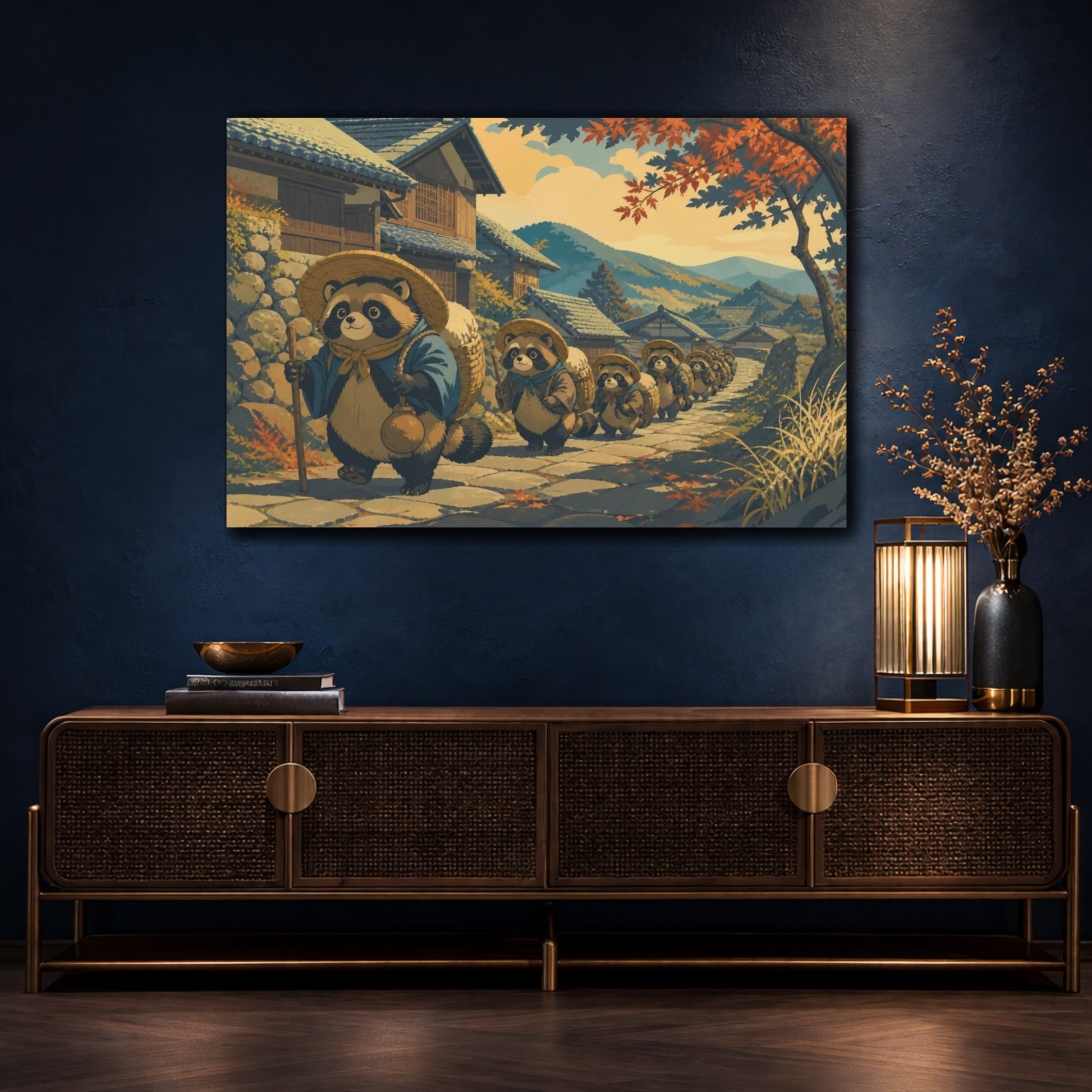 Mockup 4. Autumn Tanuki Procession shown as canvas print