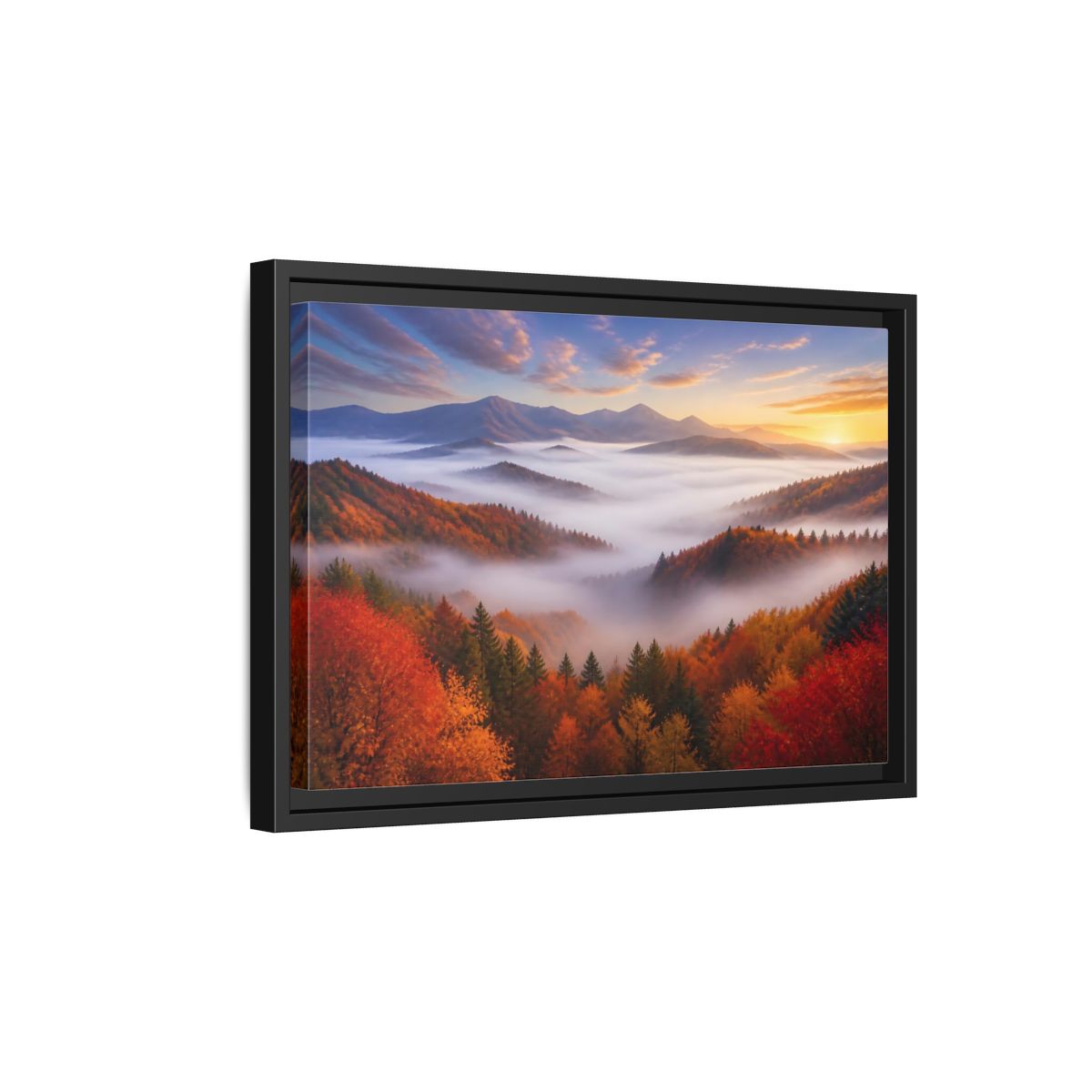 Side Mockup 6. Autumn Valley Landscape Sunrise shown as framed canvas print