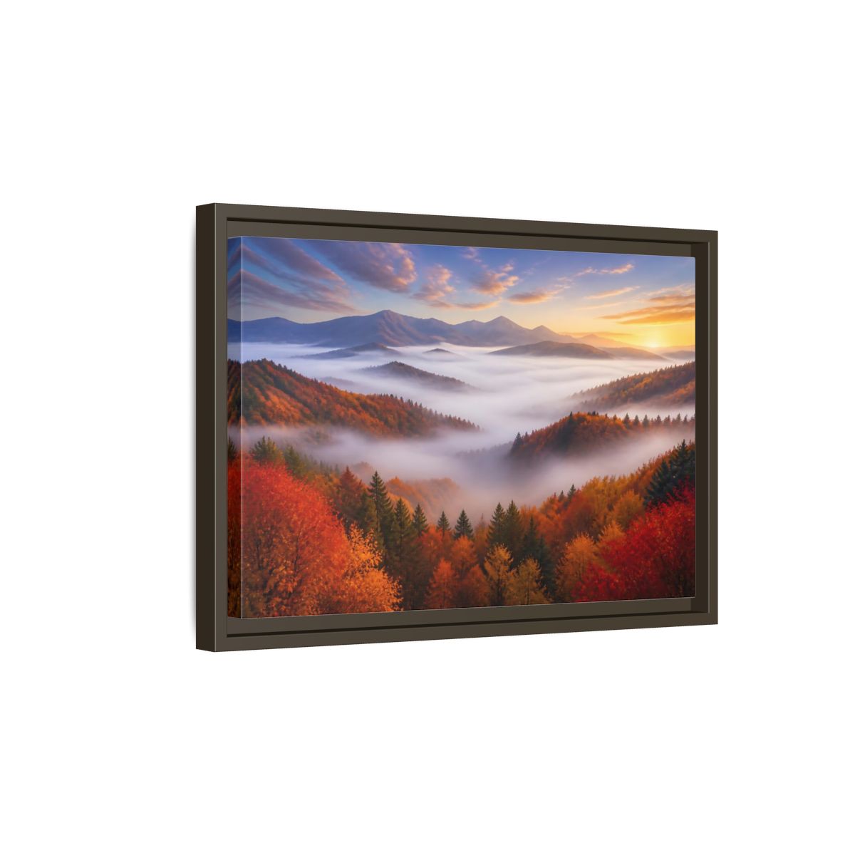 Side Mockup 5. Autumn Valley Landscape Sunrise shown as framed canvas print