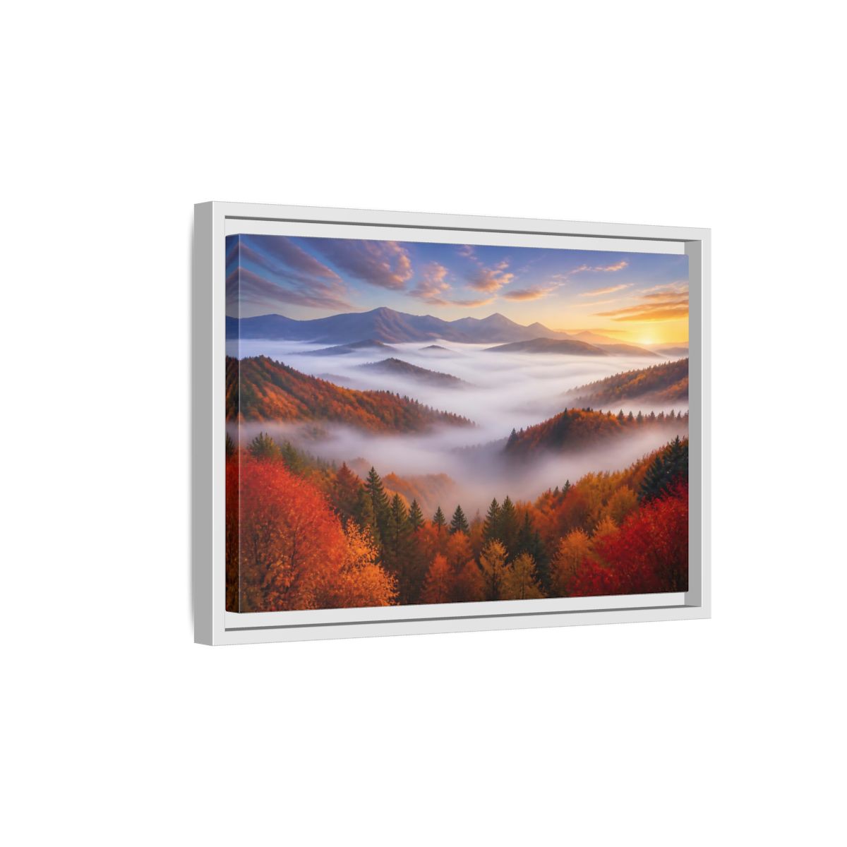 Side Mockup 4. Autumn Valley Landscape Sunrise shown as framed canvas print