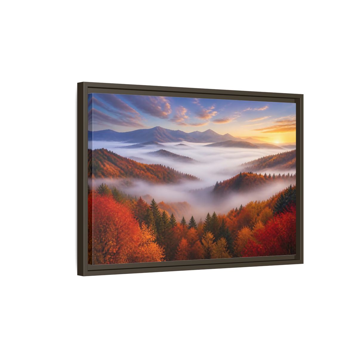 Side Mockup 2. Autumn Valley Landscape Sunrise shown as framed canvas print