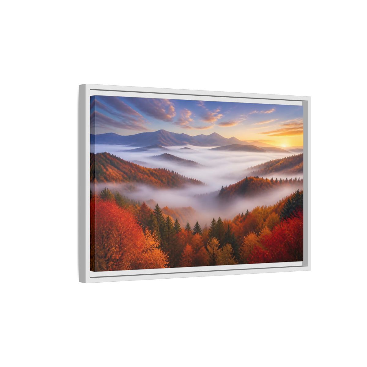 Side Mockup 1. Autumn Valley Landscape Sunrise shown as framed canvas print