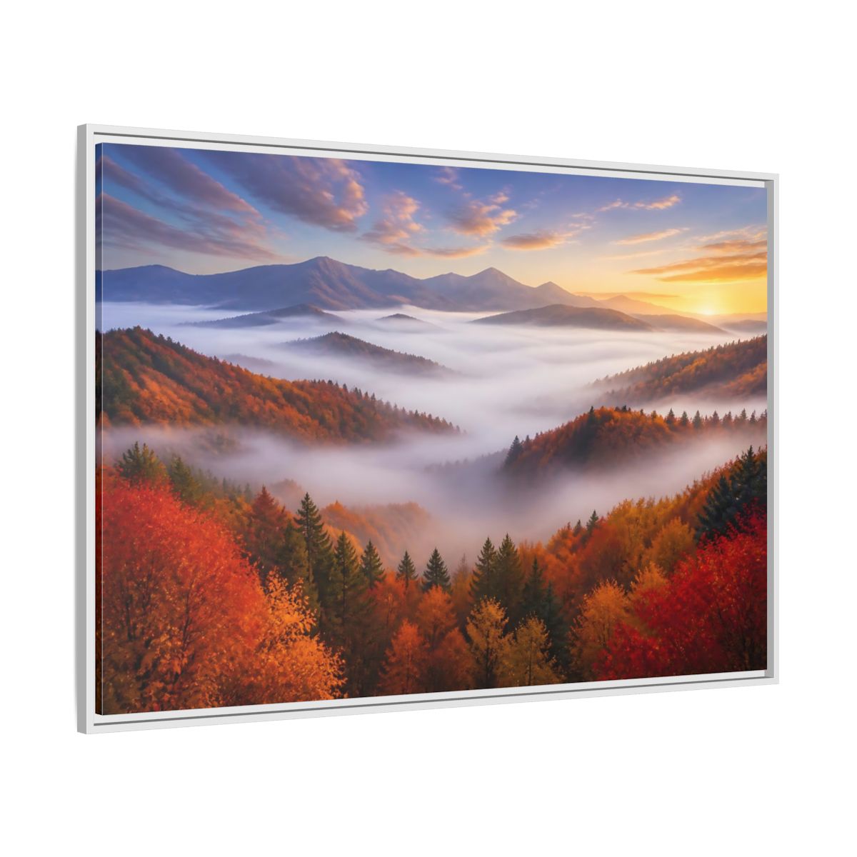 Side Mockup 7. Autumn Valley Landscape Sunrise shown as framed canvas print