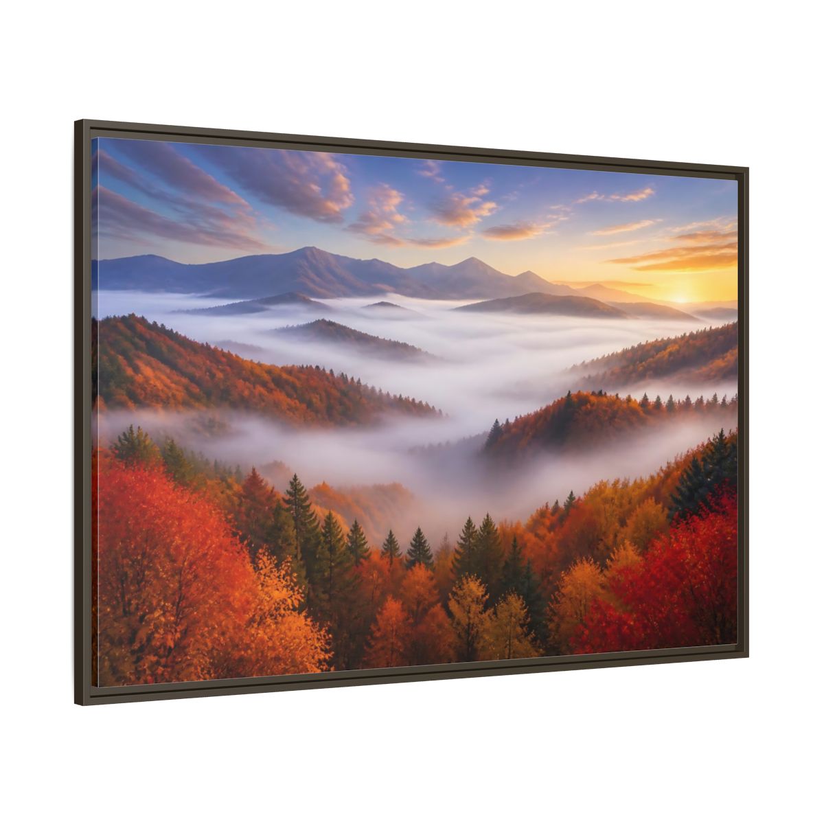 Side Mockup 8. Autumn Valley Landscape Sunrise shown as framed canvas print