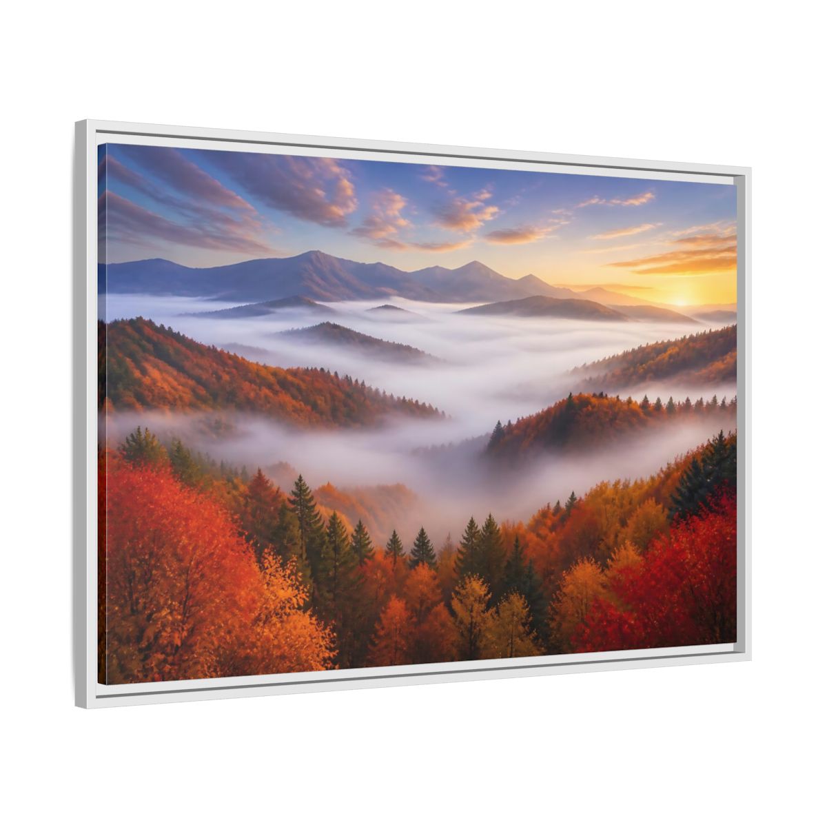 Side Mockup 9. Autumn Valley Landscape Sunrise shown as framed canvas print