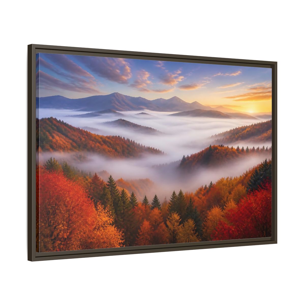 Main Mockup. Autumn Valley Landscape Sunrise shown as framed canvas print