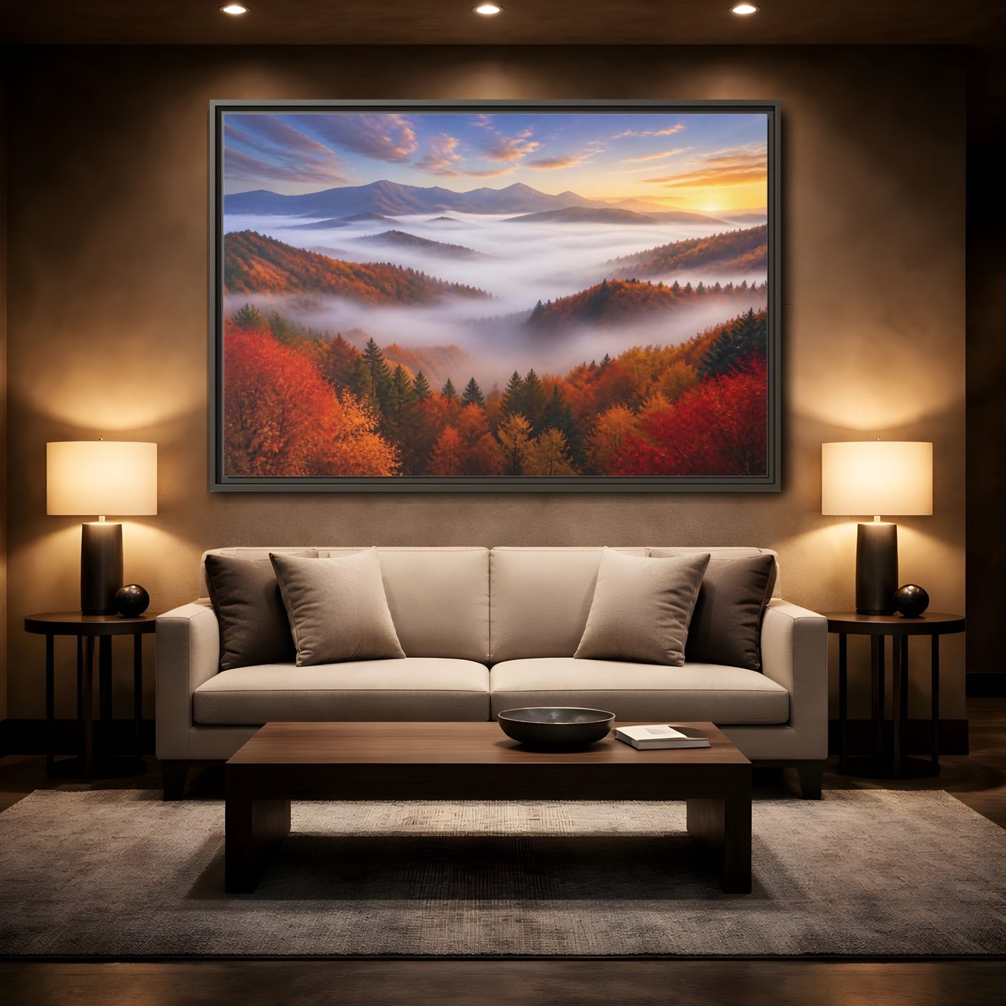 Mockup 2. Autumn Valley Landscape Sunrise shown as framed canvas print