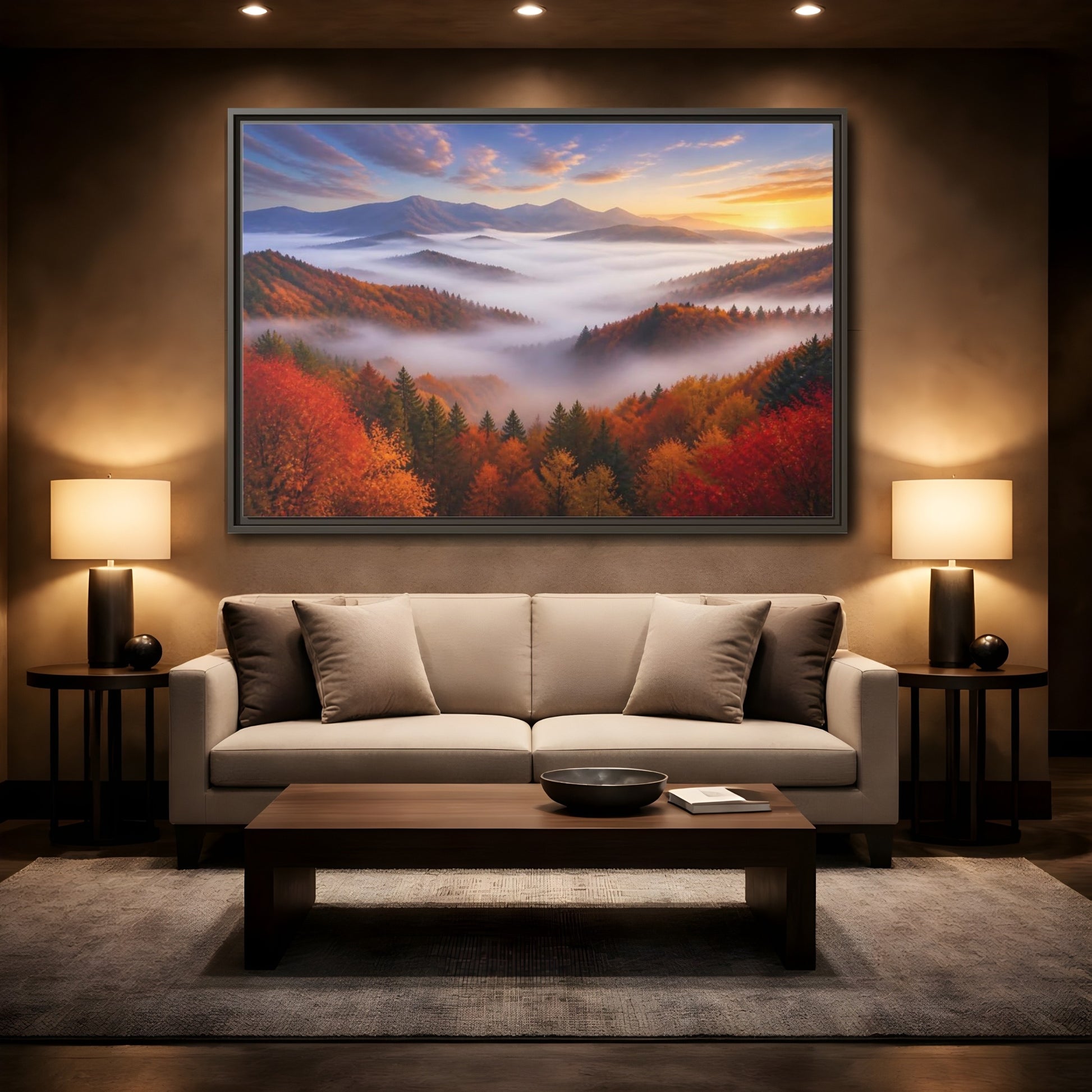 Mockup 2. Autumn Valley Landscape Sunrise shown as framed canvas print