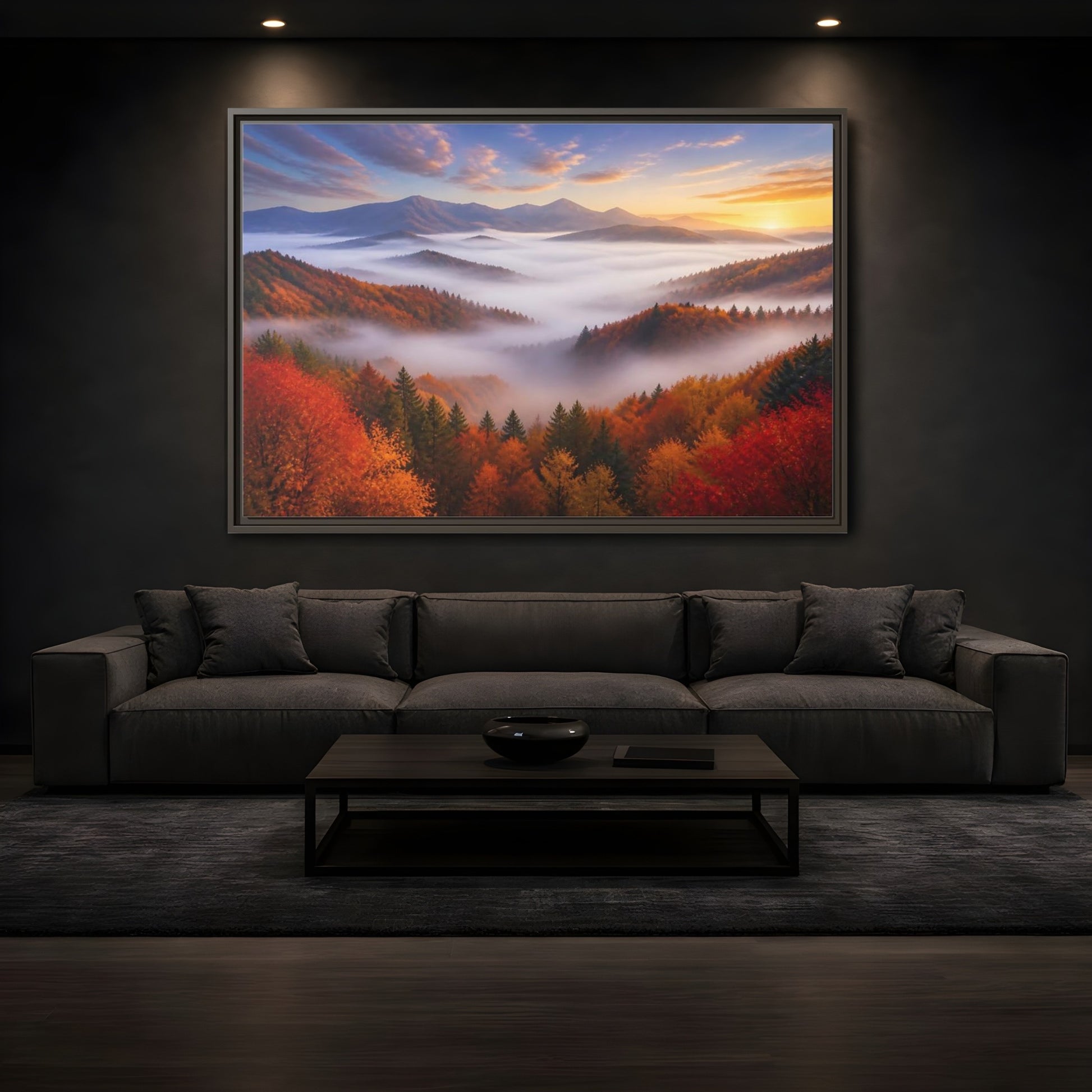 Mockup 3. Autumn Valley Landscape Sunrise shown as framed canvas print