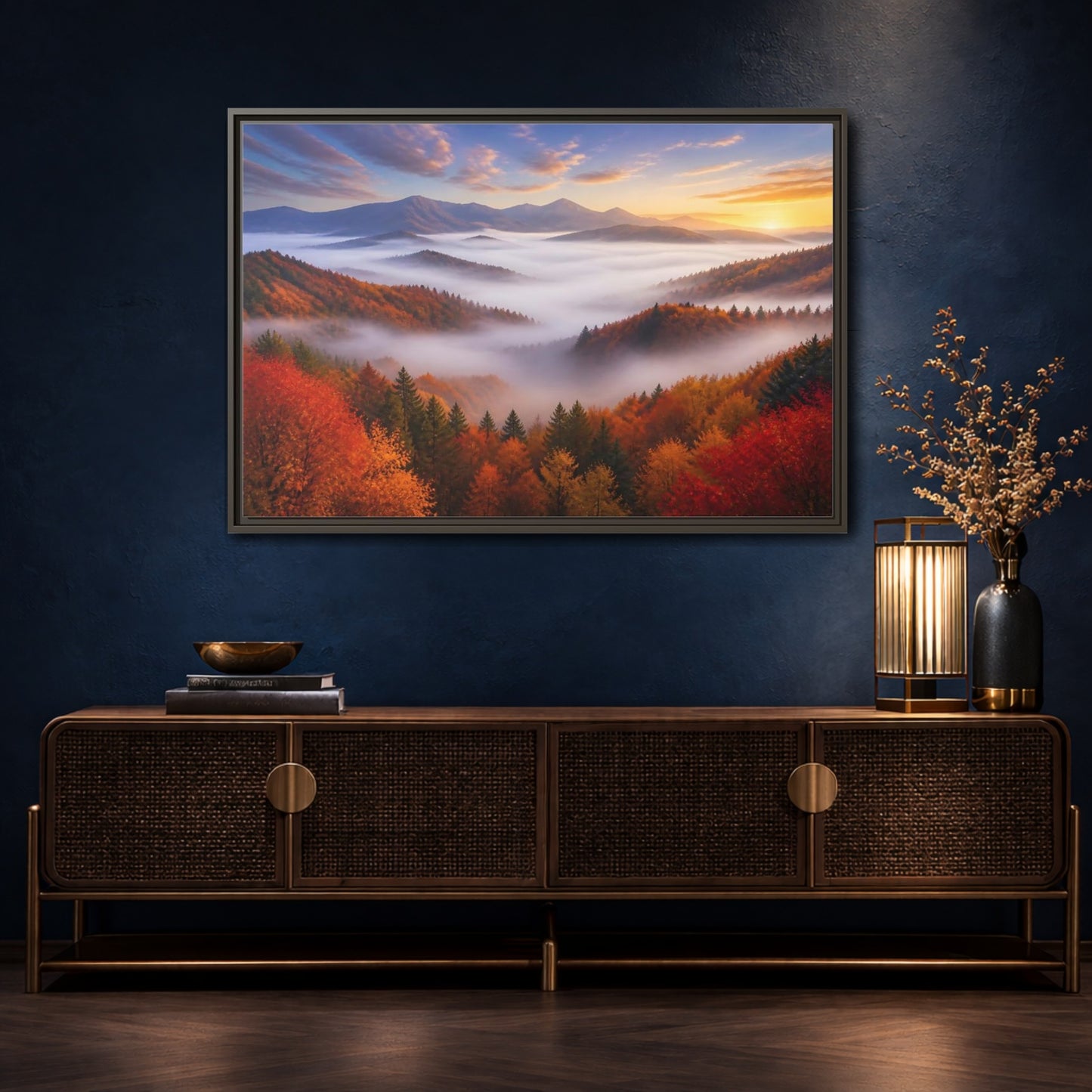Mockup 4. Autumn Valley Landscape Sunrise shown as framed canvas print