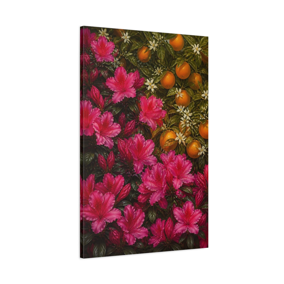 Main Mockup. Azalea Flowers & Oranges shown as canvas print