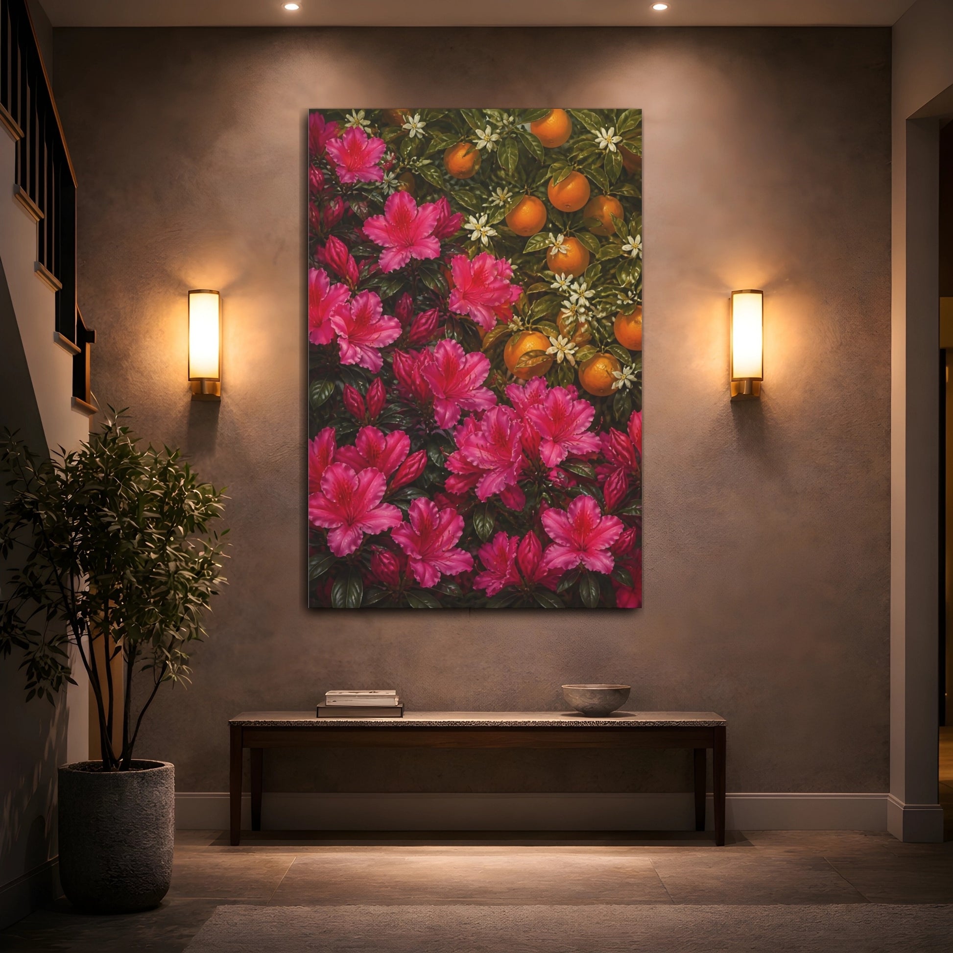 Mockup 2. Azalea Flowers & Oranges shown as canvas print