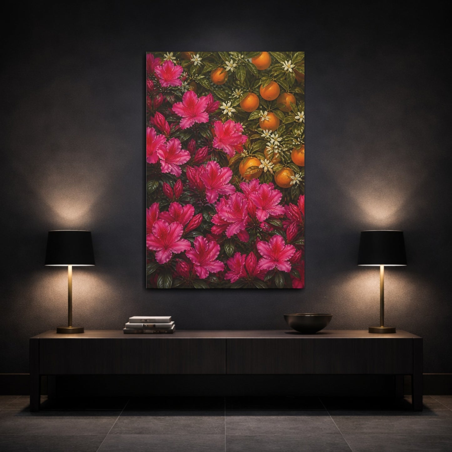 Mockup 3. Azalea Flowers & Oranges shown as canvas print
