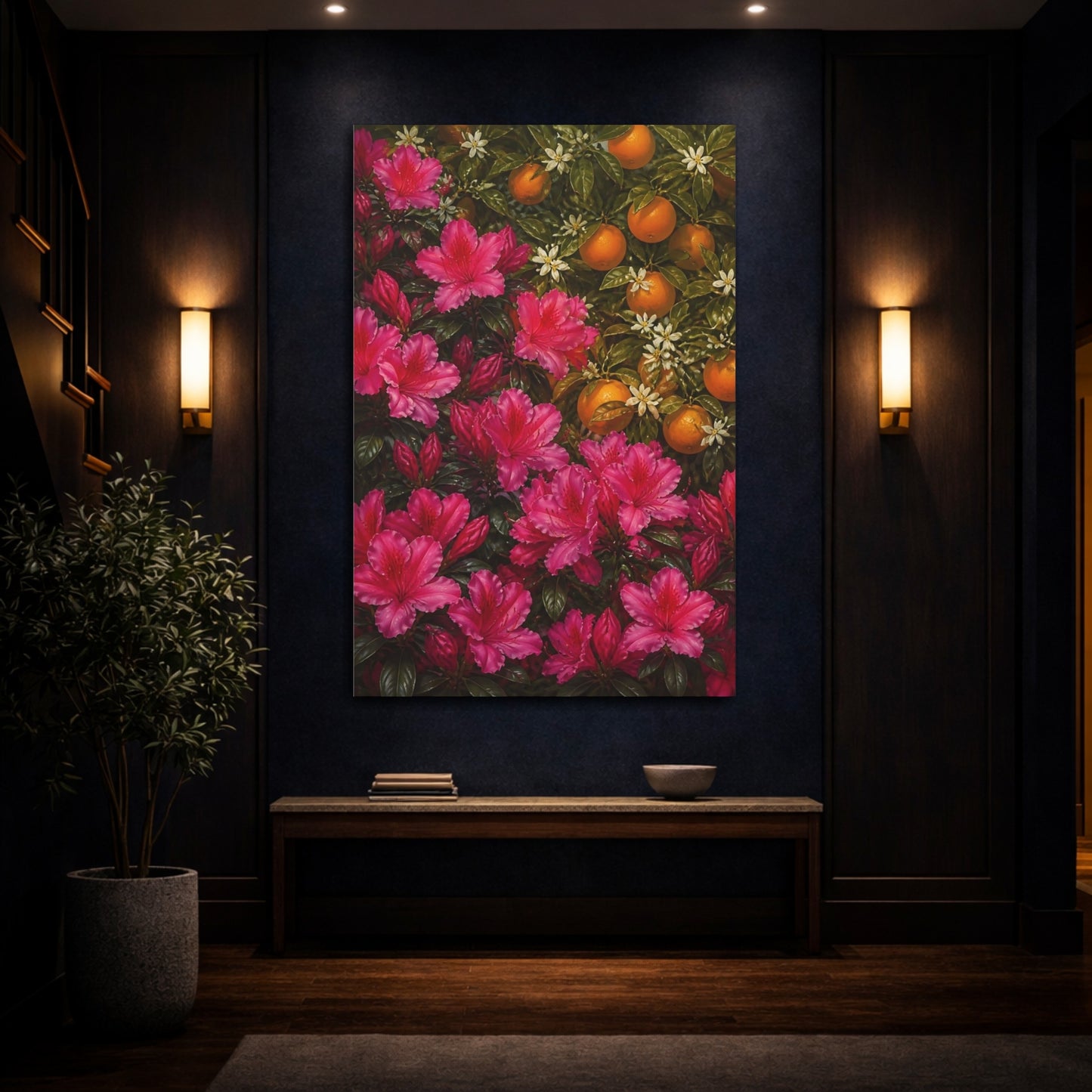 Mockup 4. Azalea Flowers & Oranges shown as canvas print