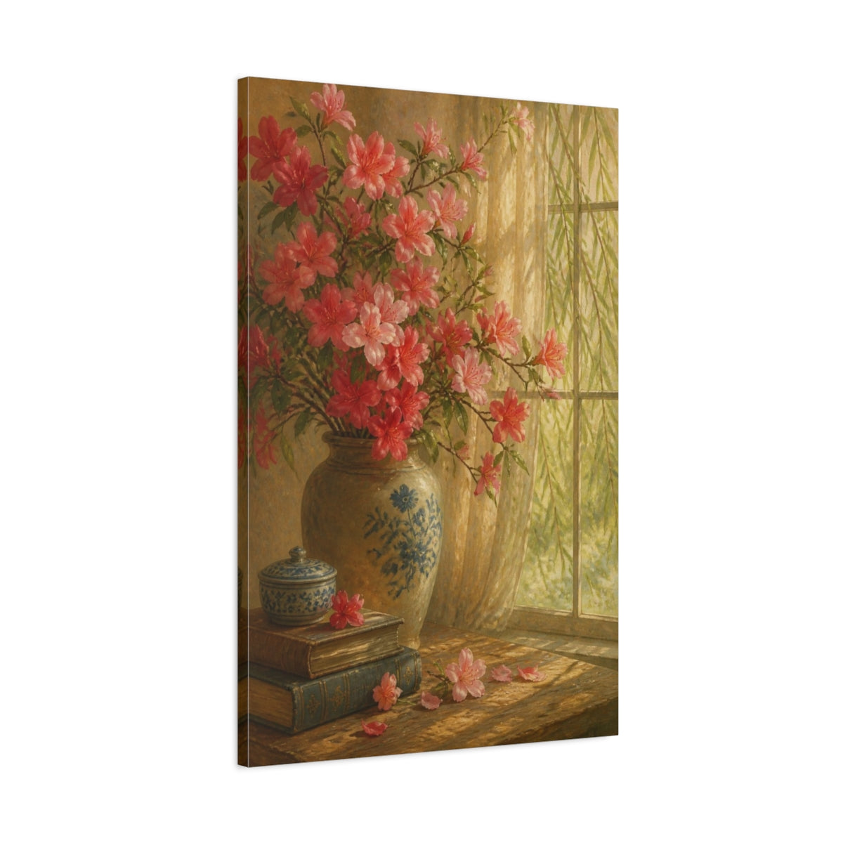 Main Mockup. Azalea Flowers By Window shown as canvas print
