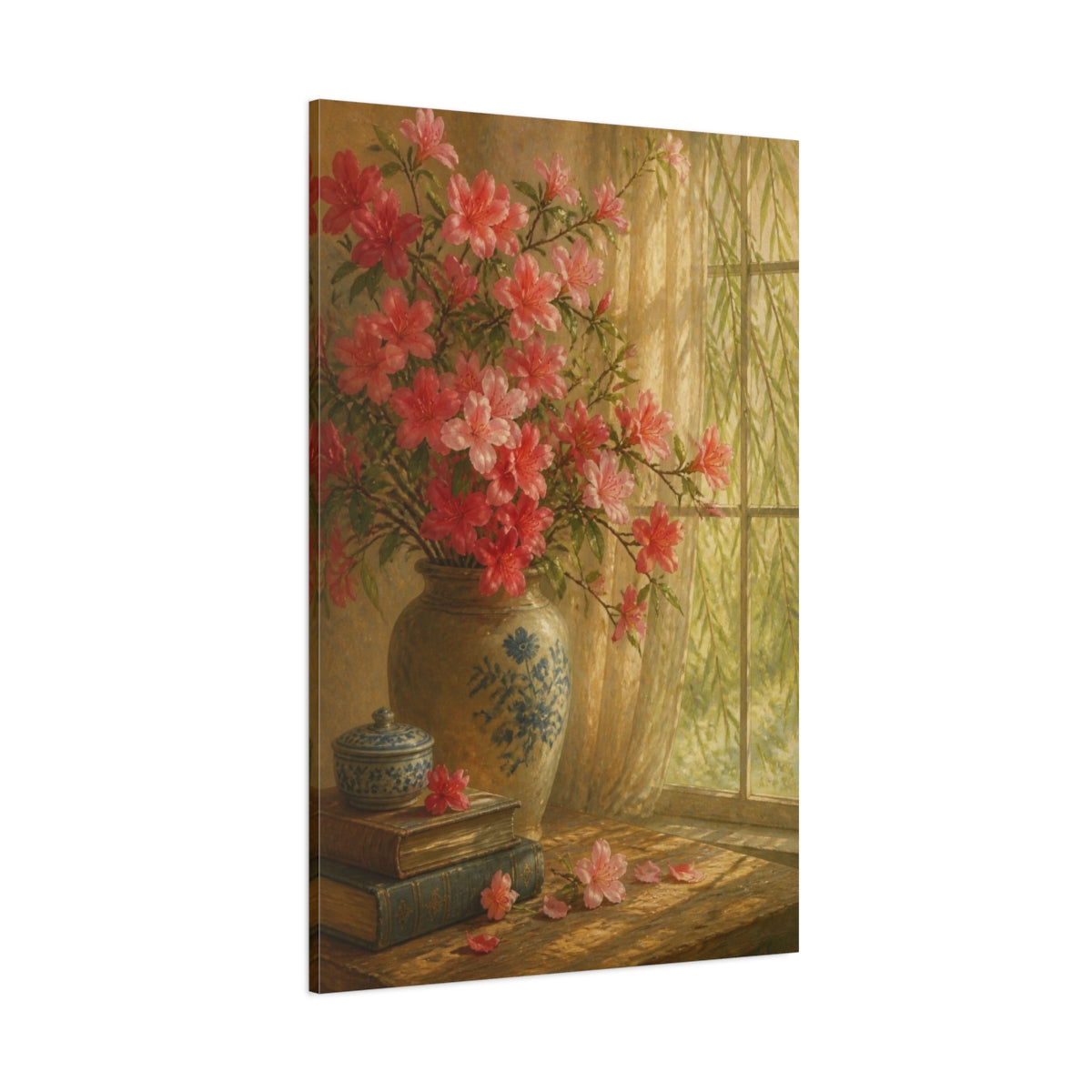 Side Mockup 1. Azalea Flowers By Window shown as canvas print