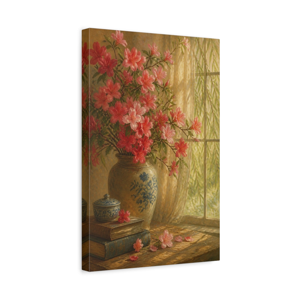 Side Mockup 4. Azalea Flowers By Window shown as canvas print