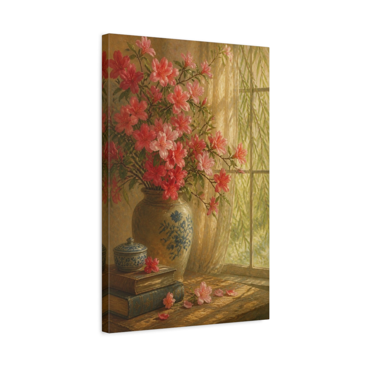Side Mockup 3. Azalea Flowers By Window shown as canvas print