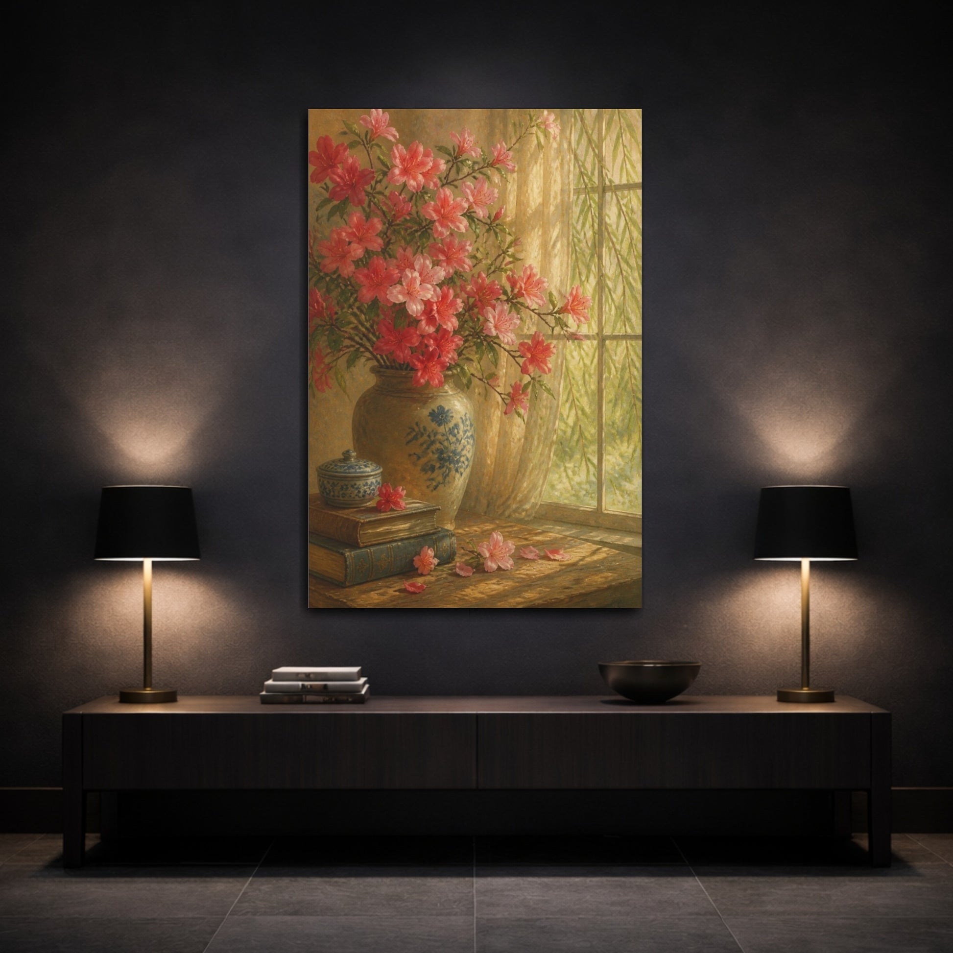 Mockup 3. Azalea Flowers By Window shown as canvas print