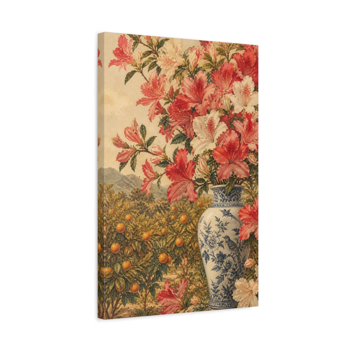 Side Mockup 3. Azalea Flowers In Vase shown as canvas print