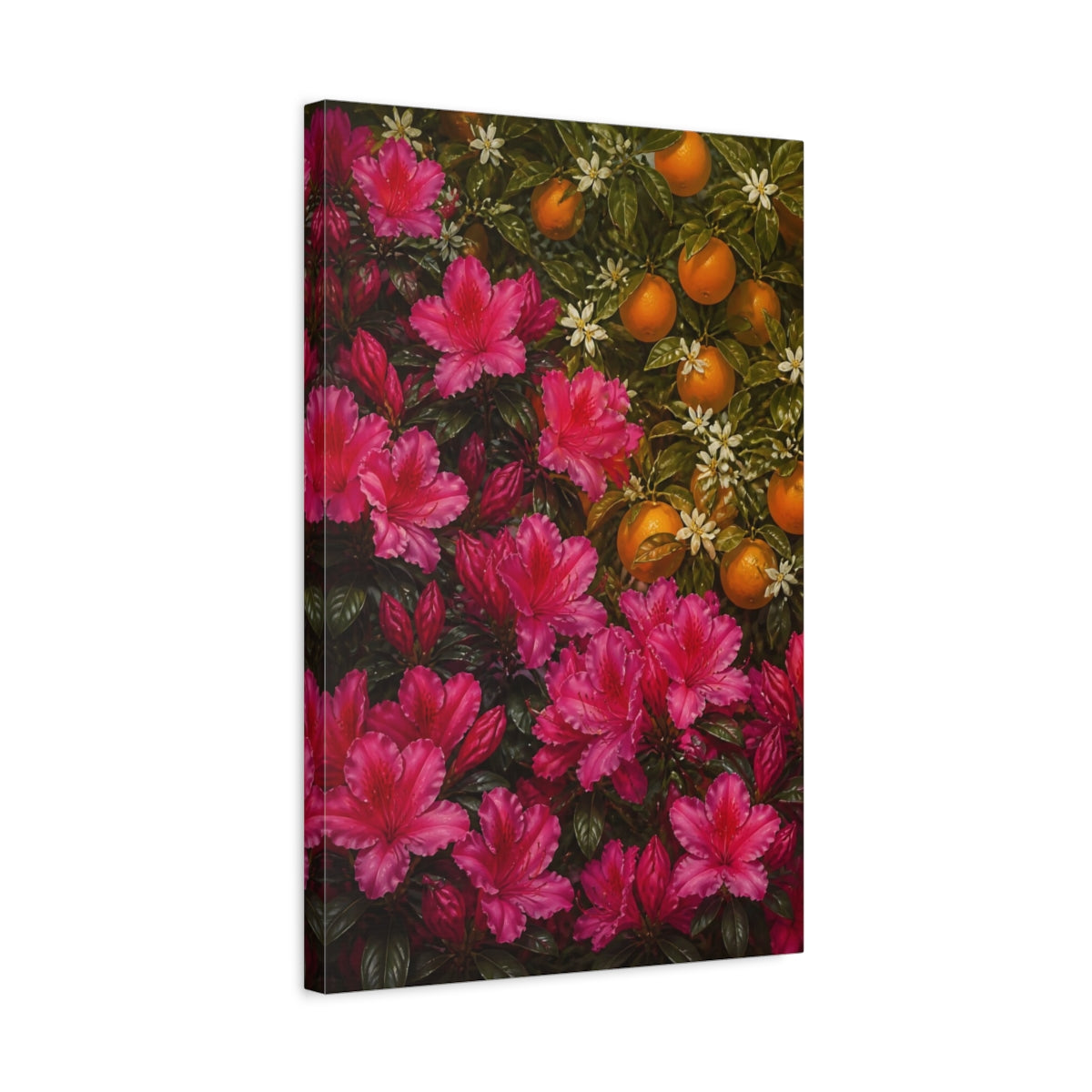 Side Mockup 3. Azalea Flowers & Oranges shown as canvas print