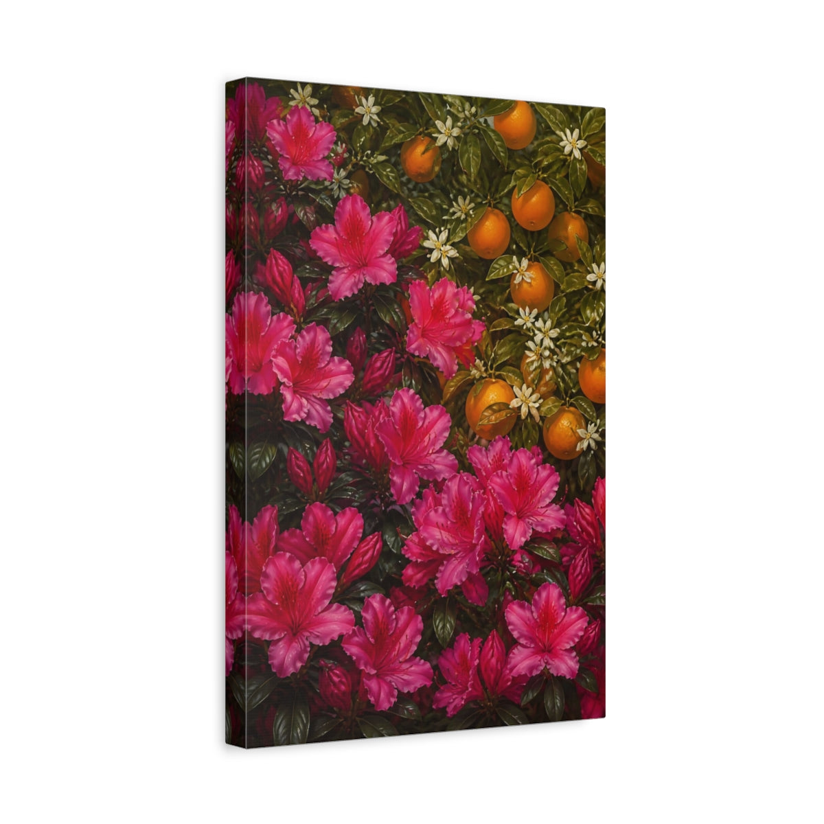 Side Mockup 4. Azalea Flowers & Oranges shown as canvas print