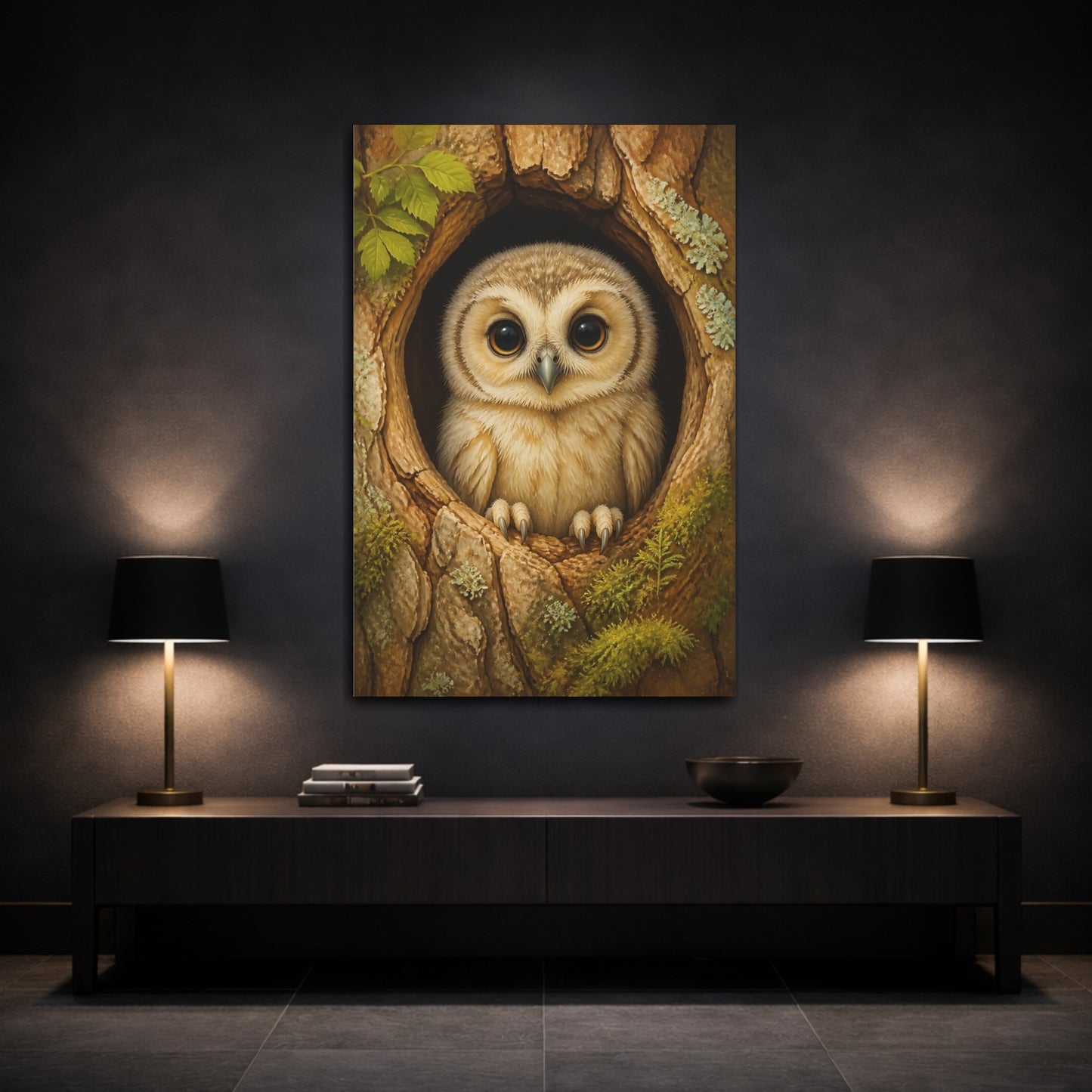 Mockup 3. Baby Owl Animal Portrait shown as canvas print