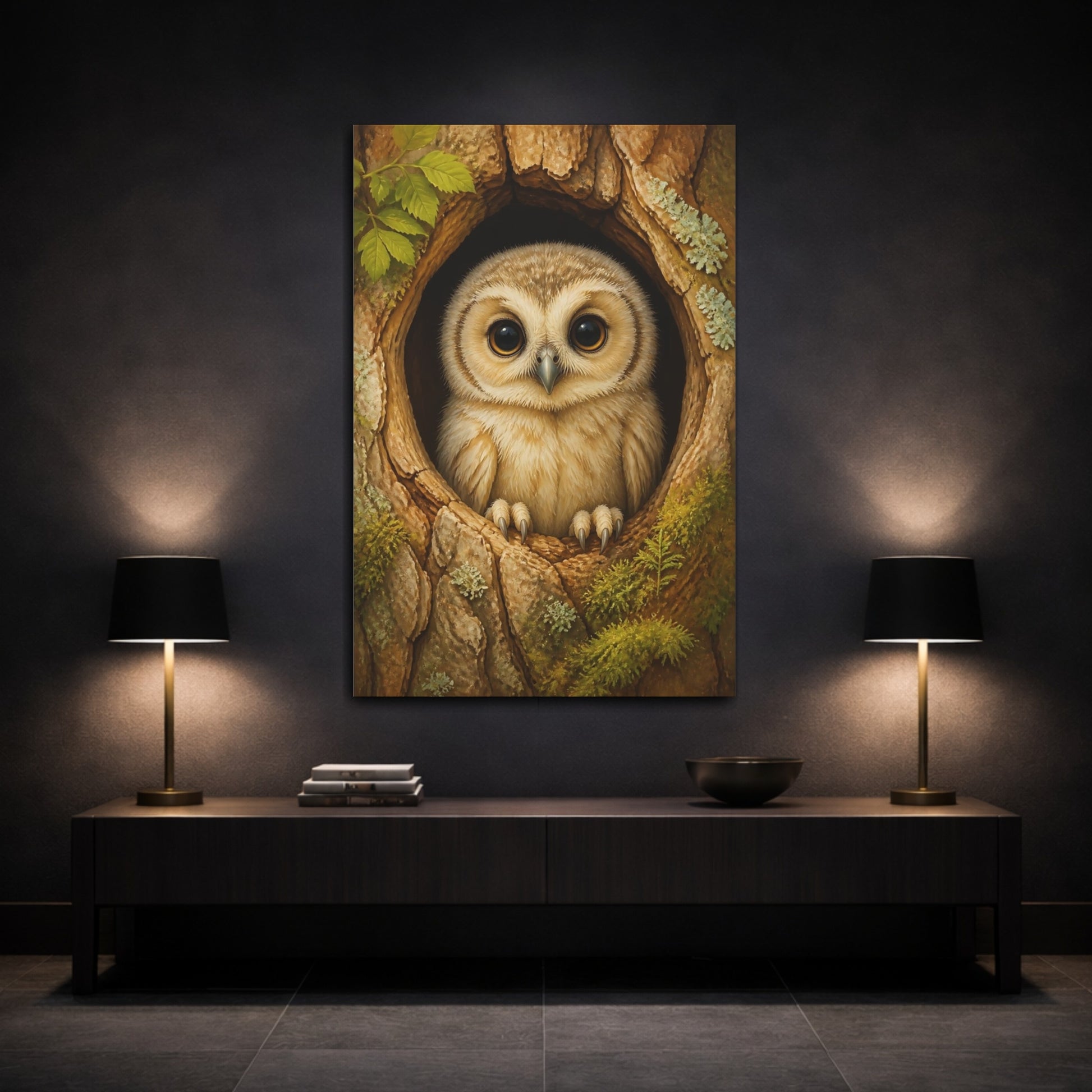 Mockup 3. Baby Owl Animal Portrait shown as canvas print