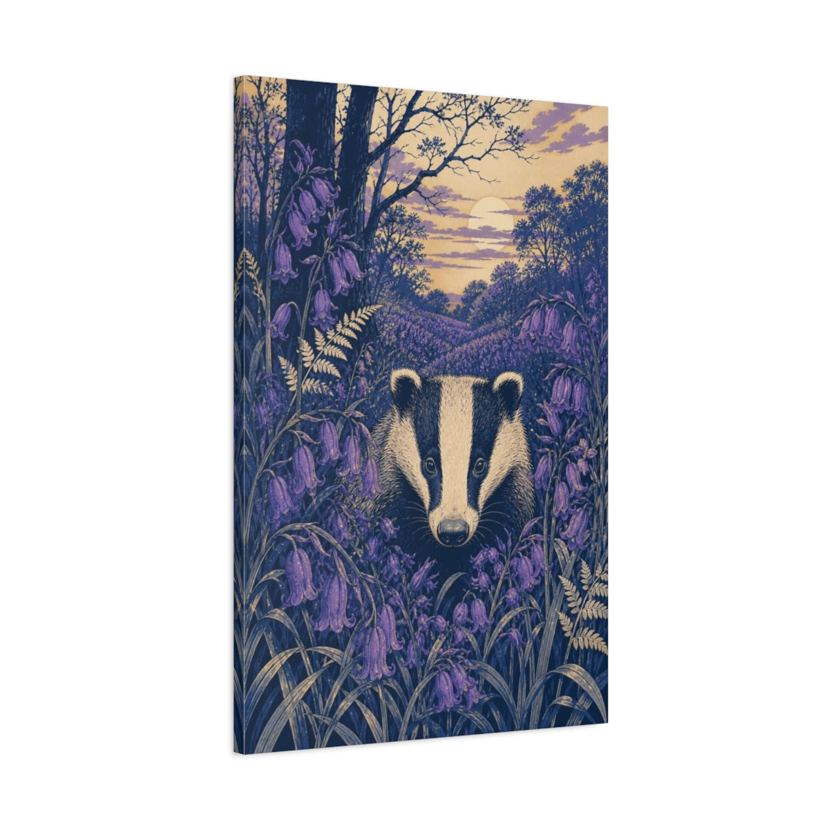 Main Mockup. Badger In Bluebells shown as canvas print